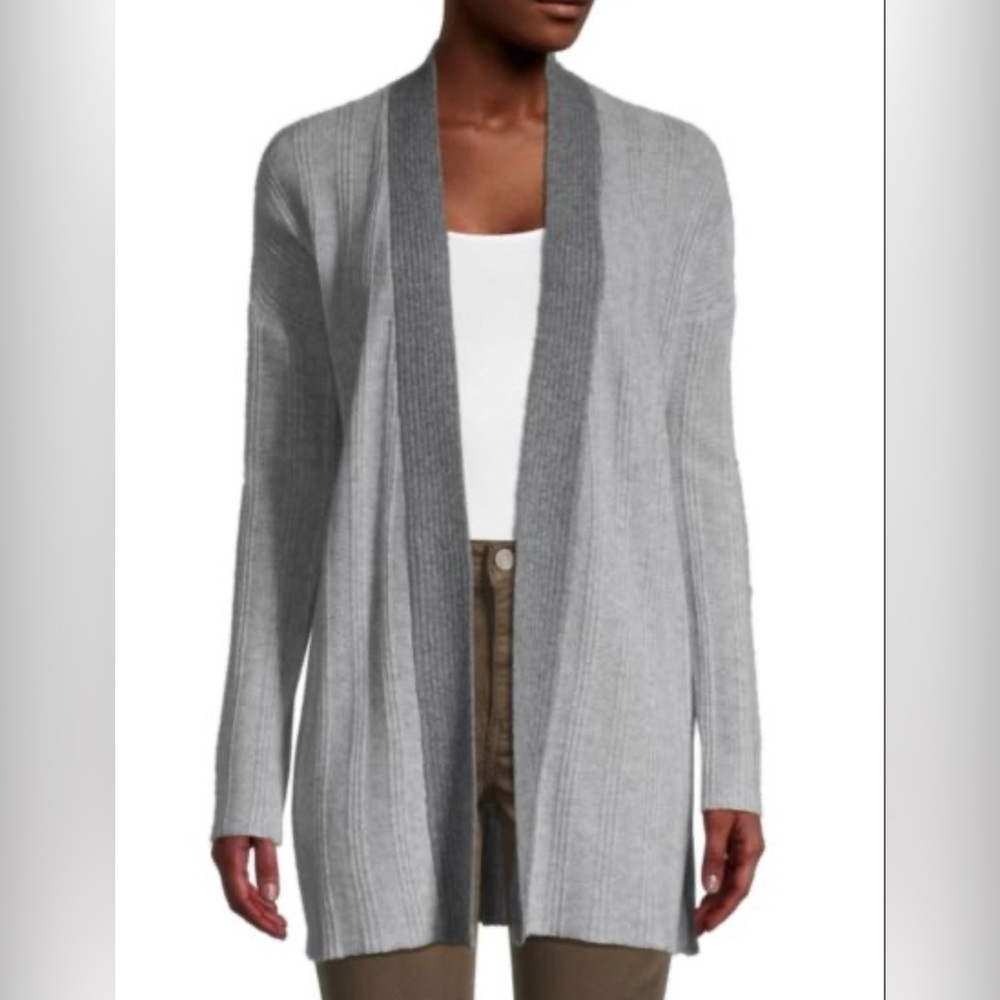 Qi Ribbed Cashmere Open Cardigan Gray Long Sleeve Size Small Retail $375